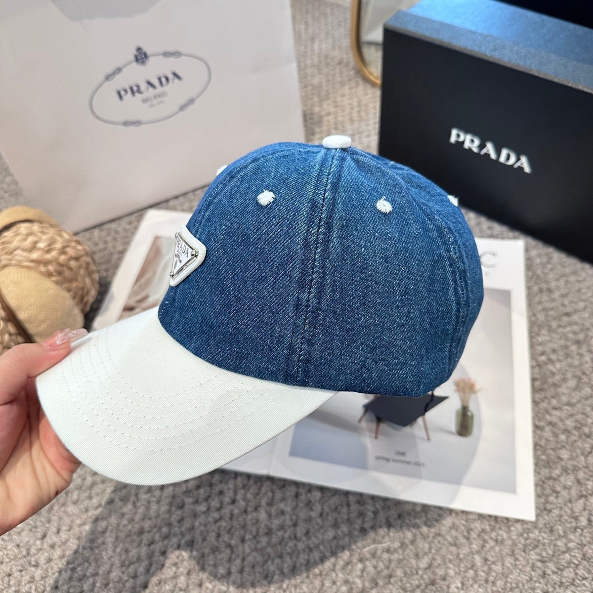 Two-Tone Denim Baseball Cap with Signature Geometric Logo Patch