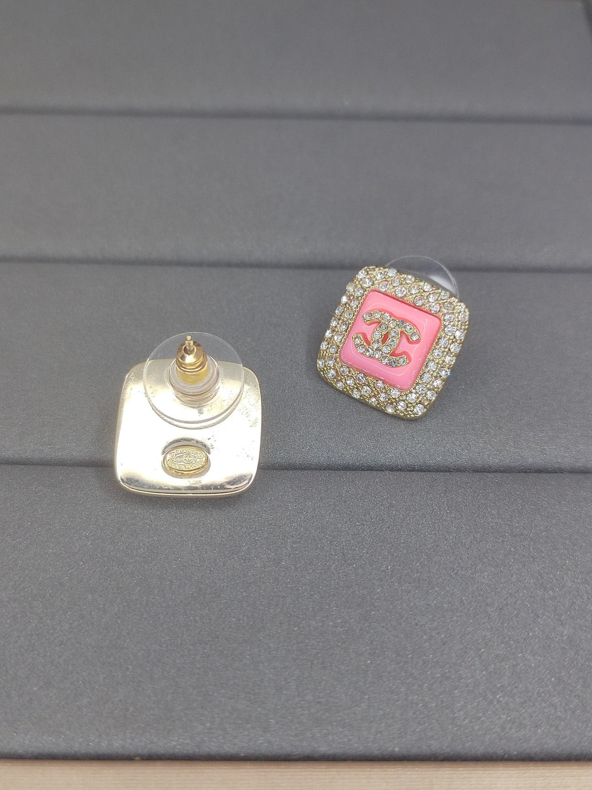18K  Chanel Diamond Square Pink Earrings